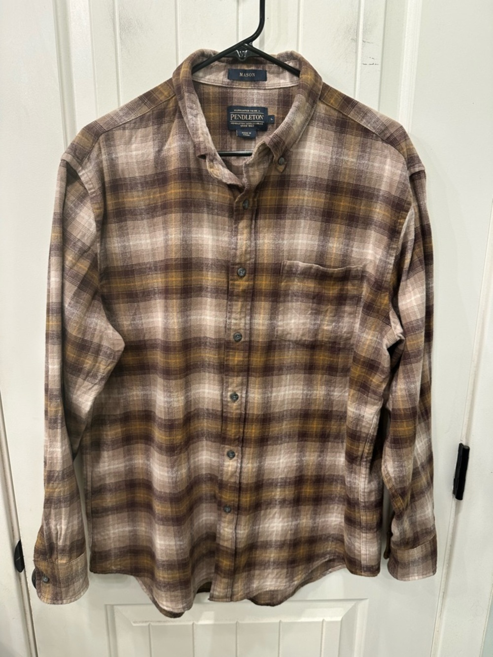 Pendleton Mason Plaid Flannel Shirt Mens L Brown Tan Yellow Cotton Button Down